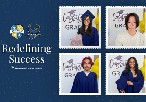 Four graduates in blue caps and gowns are featured in individual photo frames with the text 'Congrats GRAD' and balloons.